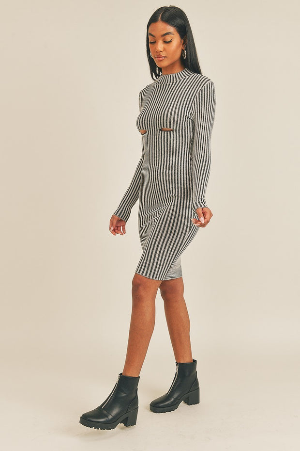 Long Sleeve Stripe Print Midi Dress - Fashionmj