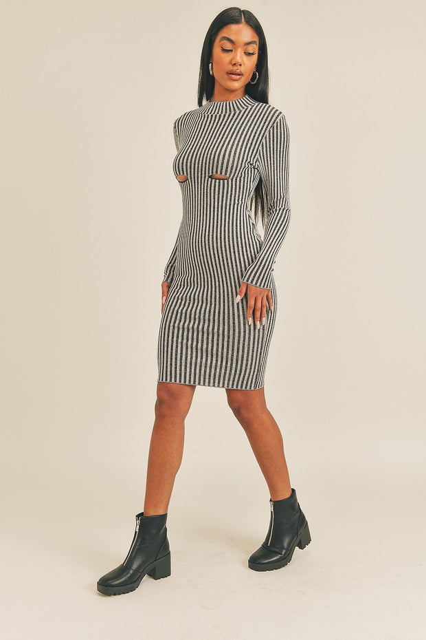 Long Sleeve Stripe Print Midi Dress - Fashionmj