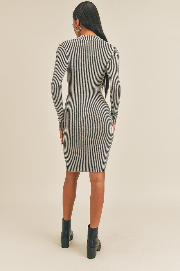 Long Sleeve Stripe Print Midi Dress - Fashionmj