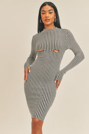 Long Sleeve Stripe Print Midi Dress - Fashionmj