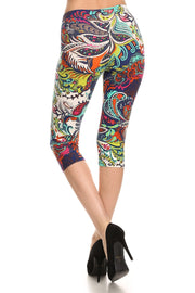 Multi-color Ornate Print Cropped Length Fitted Leggings With High Elastic Waist. - Fashionmj