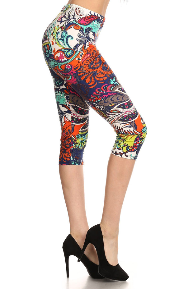 Multi-color Ornate Print Cropped Length Fitted Leggings With High Elastic Waist. - Fashionmj