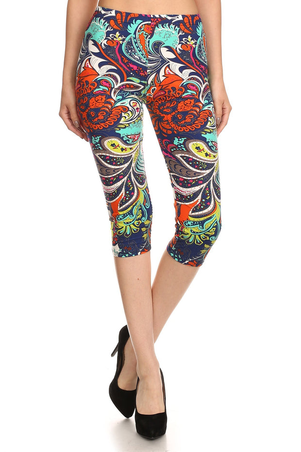 Multi-color Ornate Print Cropped Length Fitted Leggings With High Elastic Waist. - Fashionmj