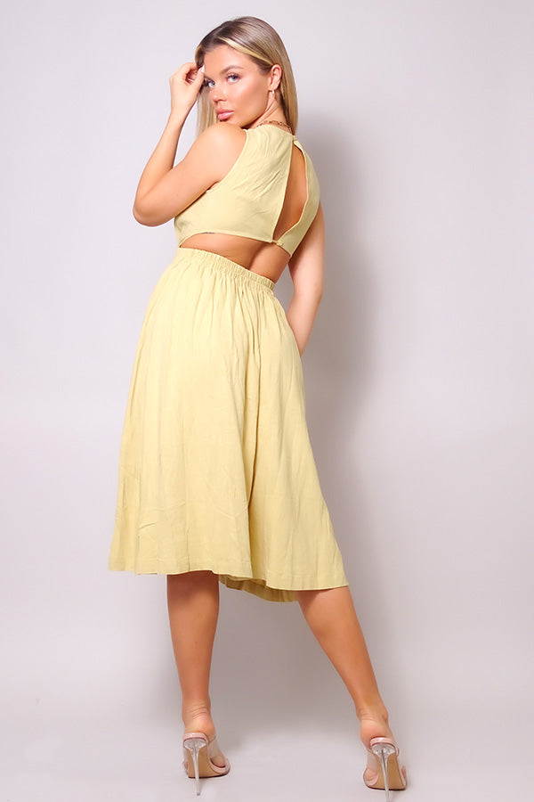 Sleeveless Back Cutout Linen Midi Dress - Fashionmj