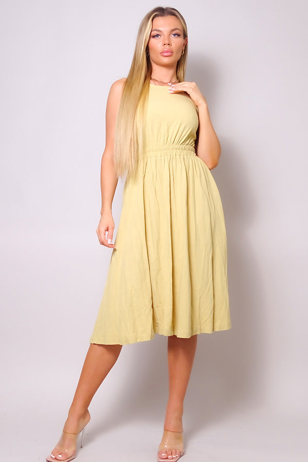 Sleeveless Back Cutout Linen Midi Dress - Fashionmj