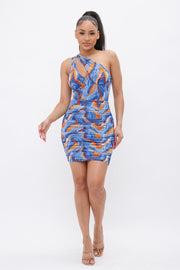 Printed One Shoulder Mini Dress - Fashionmj