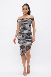 Printed Mesh Off Shoulder Dress - Fashionmj