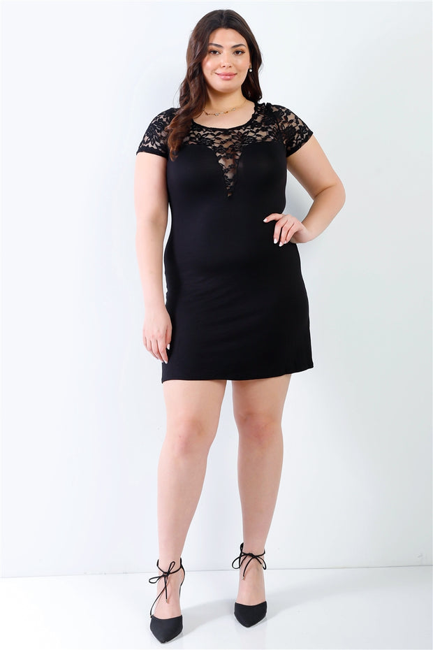 Plus Lace Details Short Sleeve Mini Dress - Fashionmj