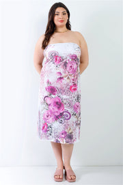 Plus Pink Flower Print Sleeveless Midi Dress - Fashionmj