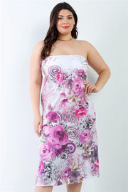 Plus Pink Flower Print Sleeveless Midi Dress - Fashionmj