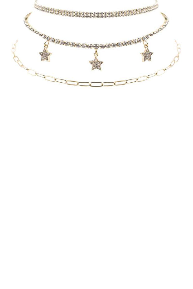 Rhinestone Star Charm 3 Layered Necklace - Fashionmj