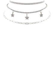 Rhinestone Star Charm 3 Layered Necklace - Fashionmj