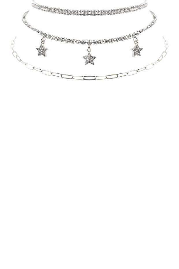 Rhinestone Star Charm 3 Layered Necklace - Fashionmj