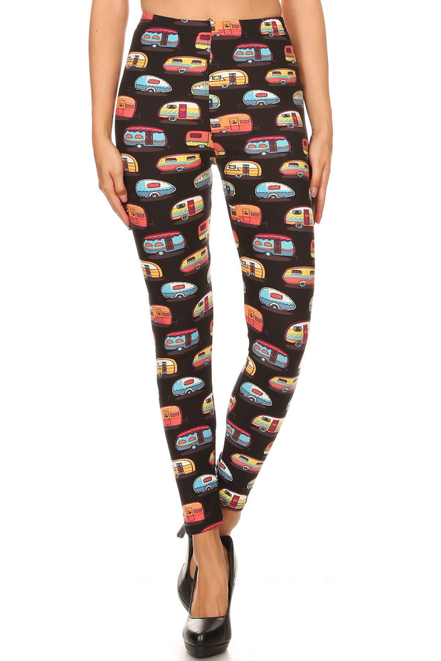 Multicolored Campers Printed, High Waisted Leggings In A Fit Style, With An Elastic Waistband - Fashionmj