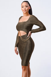 Luxe Waist Gold Chain Cut-out Detail Square Neck Glitter Bodycon Dress - Fashionmj