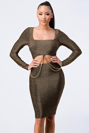 Luxe Waist Gold Chain Cut-out Detail Square Neck Glitter Bodycon Dress - Fashionmj