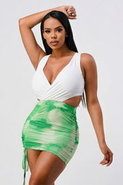 White Sleeveless Top With Detachable Rhinestone Cross Open Back With Bodycon Tie Dye Ruched Mini Dress - Fashionmj