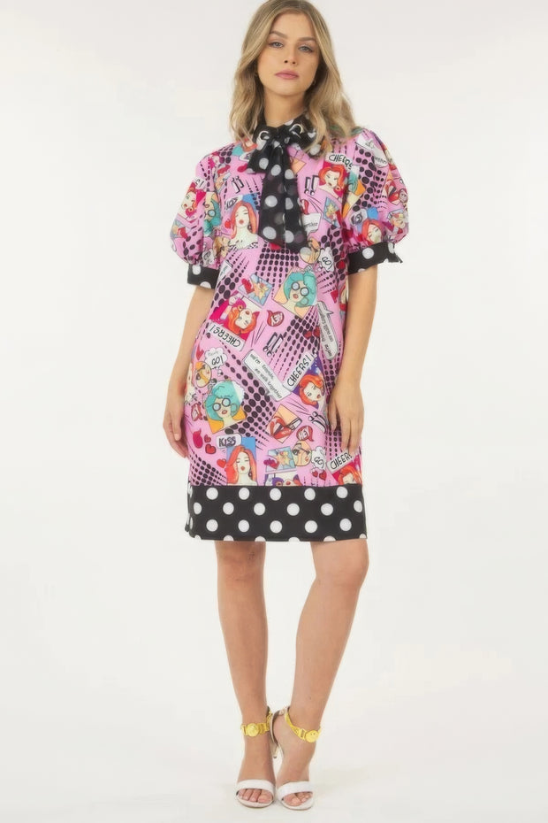 Print Midi Dress With Polka Dot Finish - Fashionmj