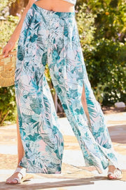 Back Elastic Waist Band Side Pockets Pleat Side Open Slit Tropical Print Pants - Fashionmj