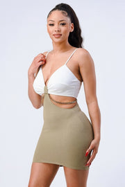 Multi Fabric Bralette Side Cutout With Gold Chain Zipper Closure Back Bodycon Mini Dress - Fashionmj