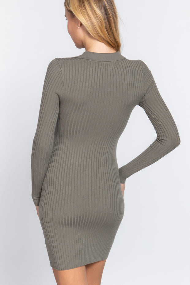 Long Slv V-neck Sweater Rib Mini Dress - Fashionmj