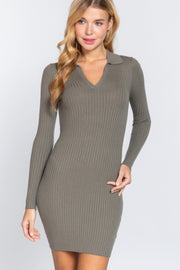 Long Slv V-neck Sweater Rib Mini Dress - Fashionmj