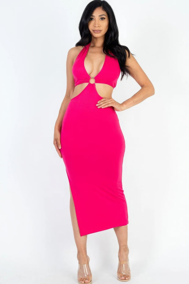 Cut-out Halter Neck Double Back Tie Split Thigh Midi Dress - Fashionmj