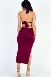 Cut-out Halter Neck Double Back Tie Split Thigh Midi Dress - Fashionmj