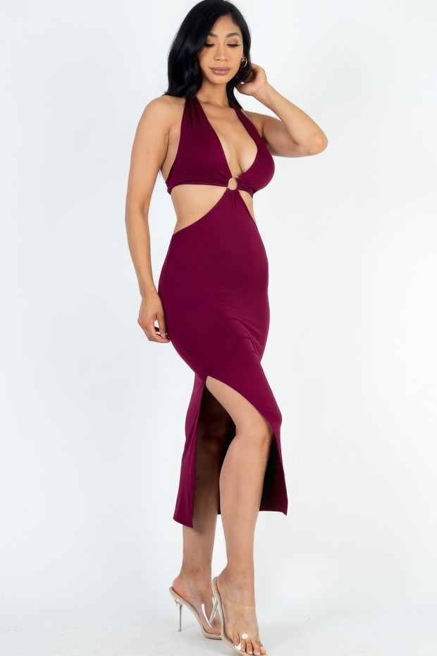 Cut-out Halter Neck Double Back Tie Split Thigh Midi Dress - Fashionmj