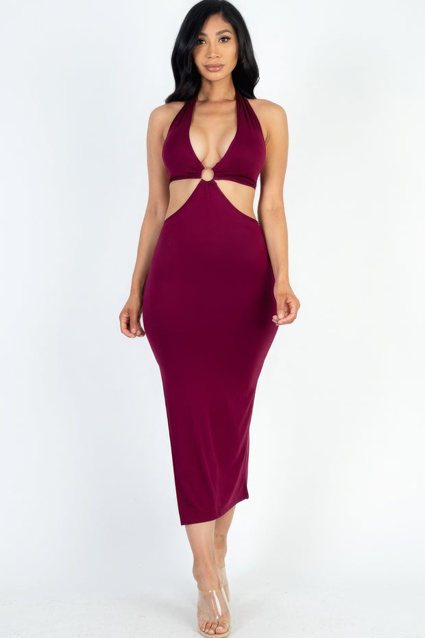 Cut-out Halter Neck Double Back Tie Split Thigh Midi Dress - Fashionmj