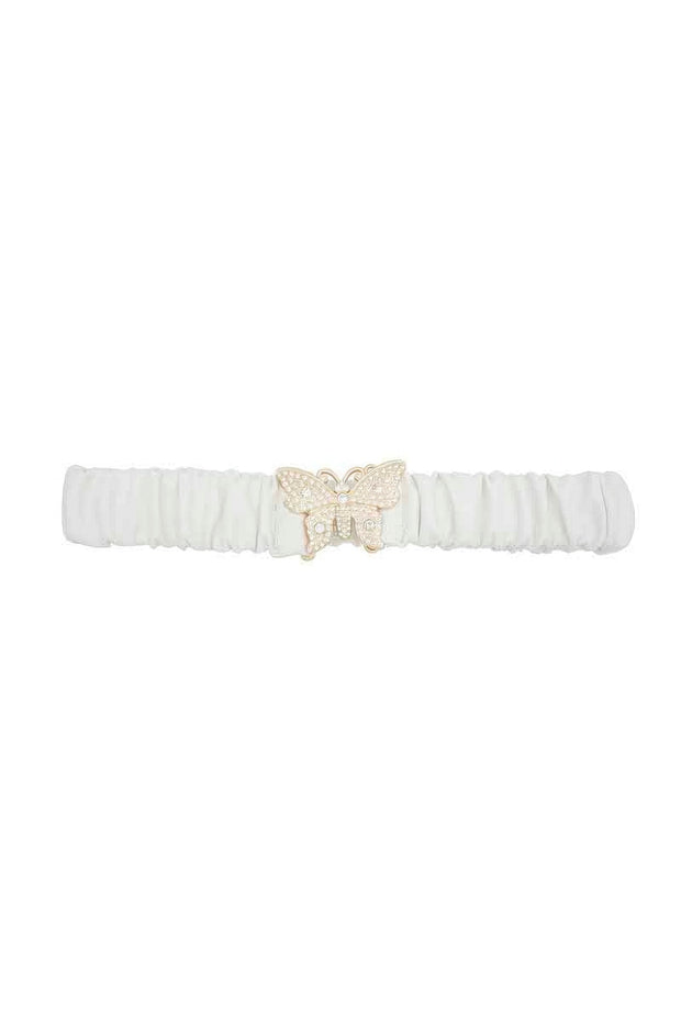 Rhinestone Pave Butterfly Ruched Elastic Back Belt - Fashionmj