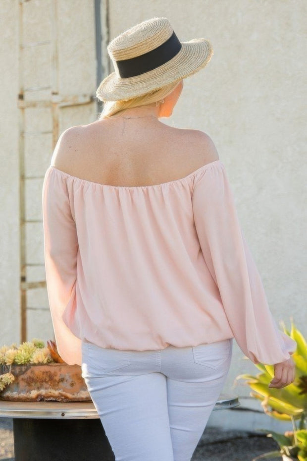 Off Shoulder Long Bubble Sleeve Solid Top - Fashionmj