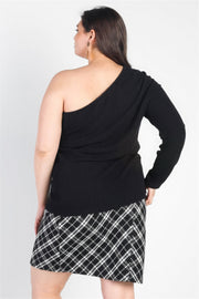 Plus Black Ribbed One Shoulder Top - Fashionmj