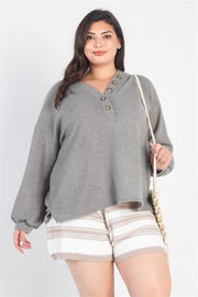 Plus Olive Textured Button Detail Long Sleeve Top - Fashionmj