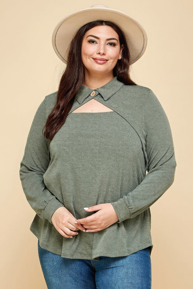 Plus Size Solid Long Sleeve Fashion Top - Fashionmj