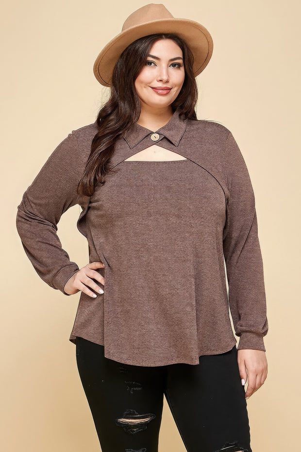 Plus Size Solid Long Sleeve Fashion Top - Fashionmj