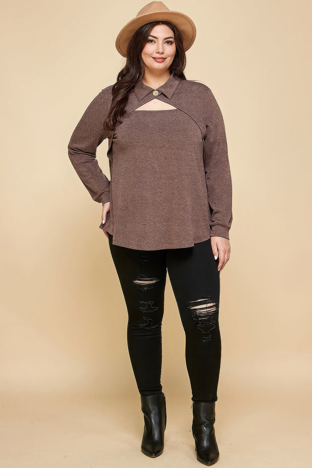 Plus Size Solid Long Sleeve Fashion Top - Fashionmj