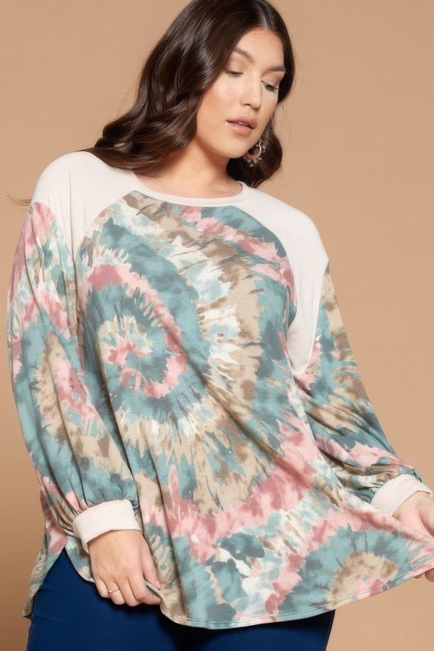 Plus Size Tie Dye French Terry Print Balloon Sleeve Top - Fashionmj