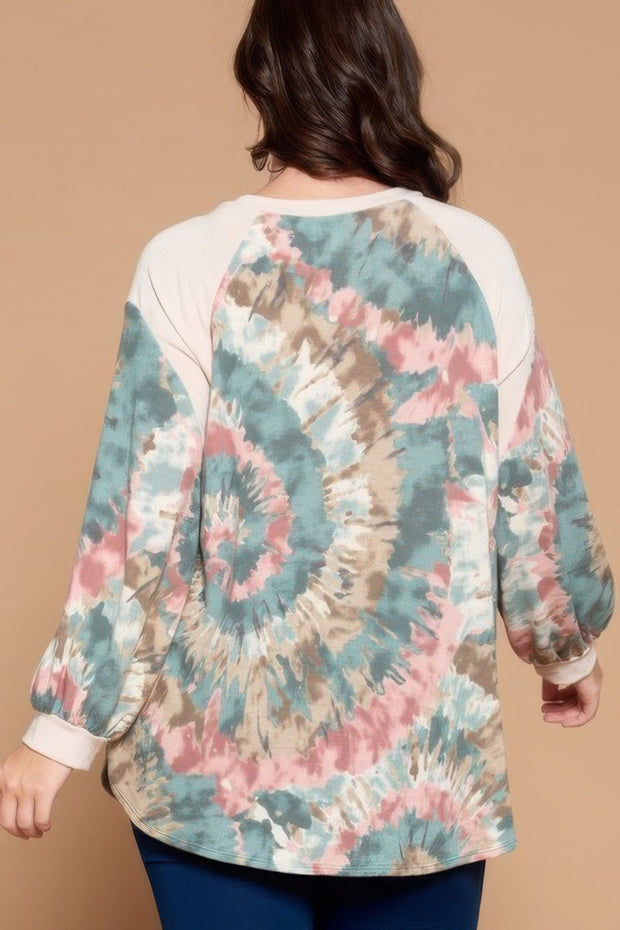 Plus Size Tie Dye French Terry Print Balloon Sleeve Top - Fashionmj