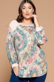 Plus Size Tie Dye French Terry Print Balloon Sleeve Top - Fashionmj