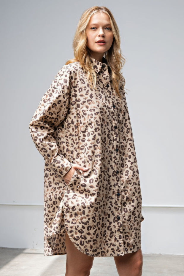 Leopard/animal Printed Shirt Dress - Fashionmj