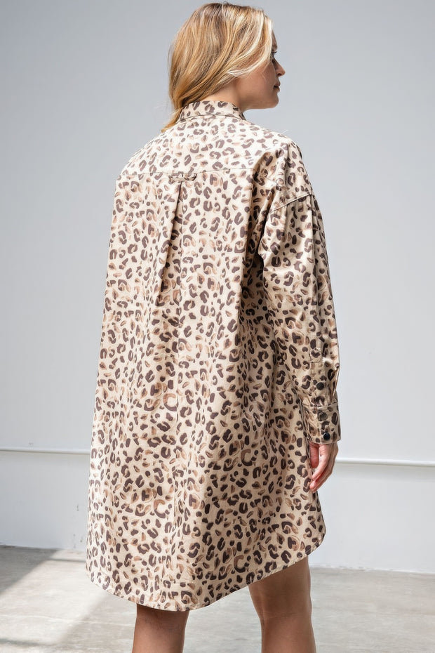 Leopard/animal Printed Shirt Dress - Fashionmj