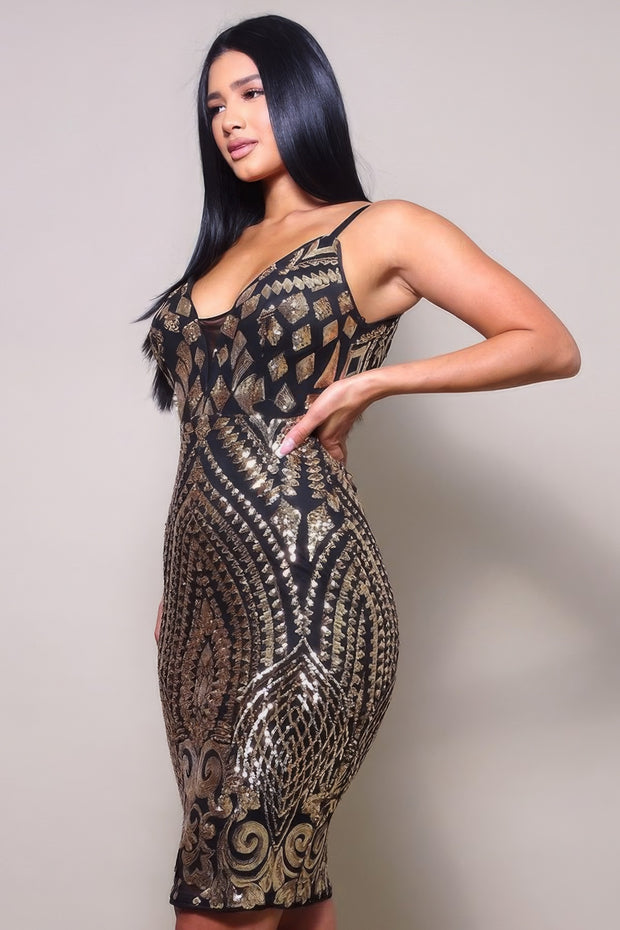 Spaghetti Strap Holiday Sequins Plunge Mini Dress - Fashionmj