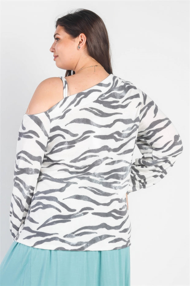 Plus White & Charcoal Zebra Flannel Cold Shoulder Long Sleeve Top - Fashionmj