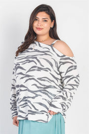 Plus White & Charcoal Zebra Flannel Cold Shoulder Long Sleeve Top - Fashionmj