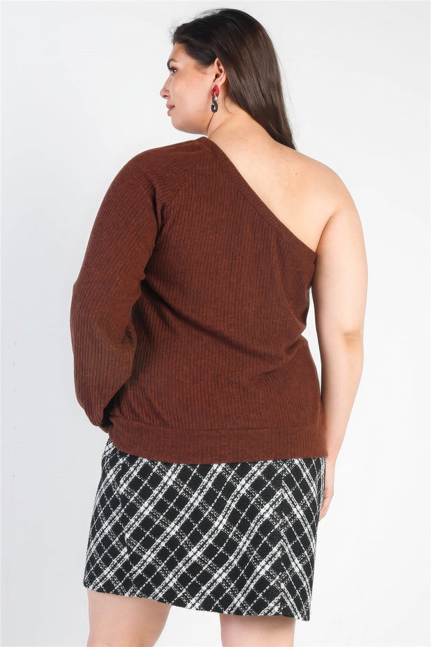 Plus Brown Ribbed Textured One Shoulder Top - Fashionmj