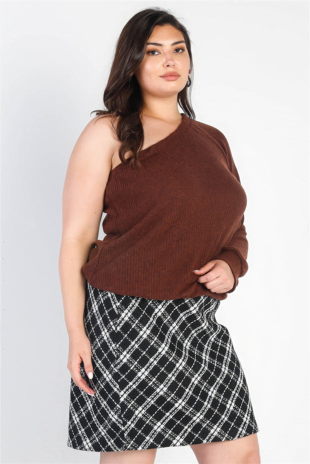 Plus Brown Ribbed Textured One Shoulder Top - Fashionmj