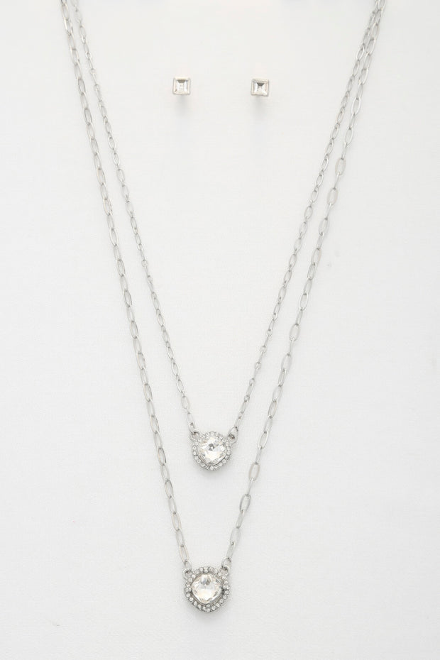 Double Crystal Metal Layered Necklace - Fashionmj