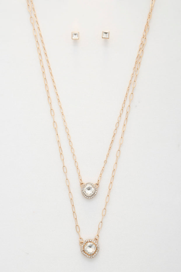 Double Crystal Metal Layered Necklace - Fashionmj