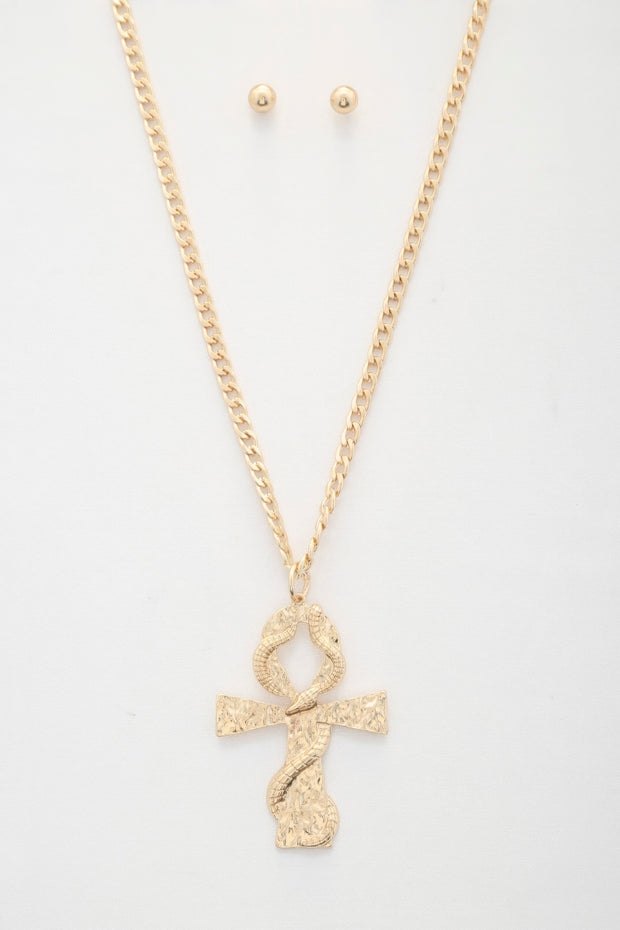 Snake Wrap Cross Pendant Curb Link Necklace - Fashionmj